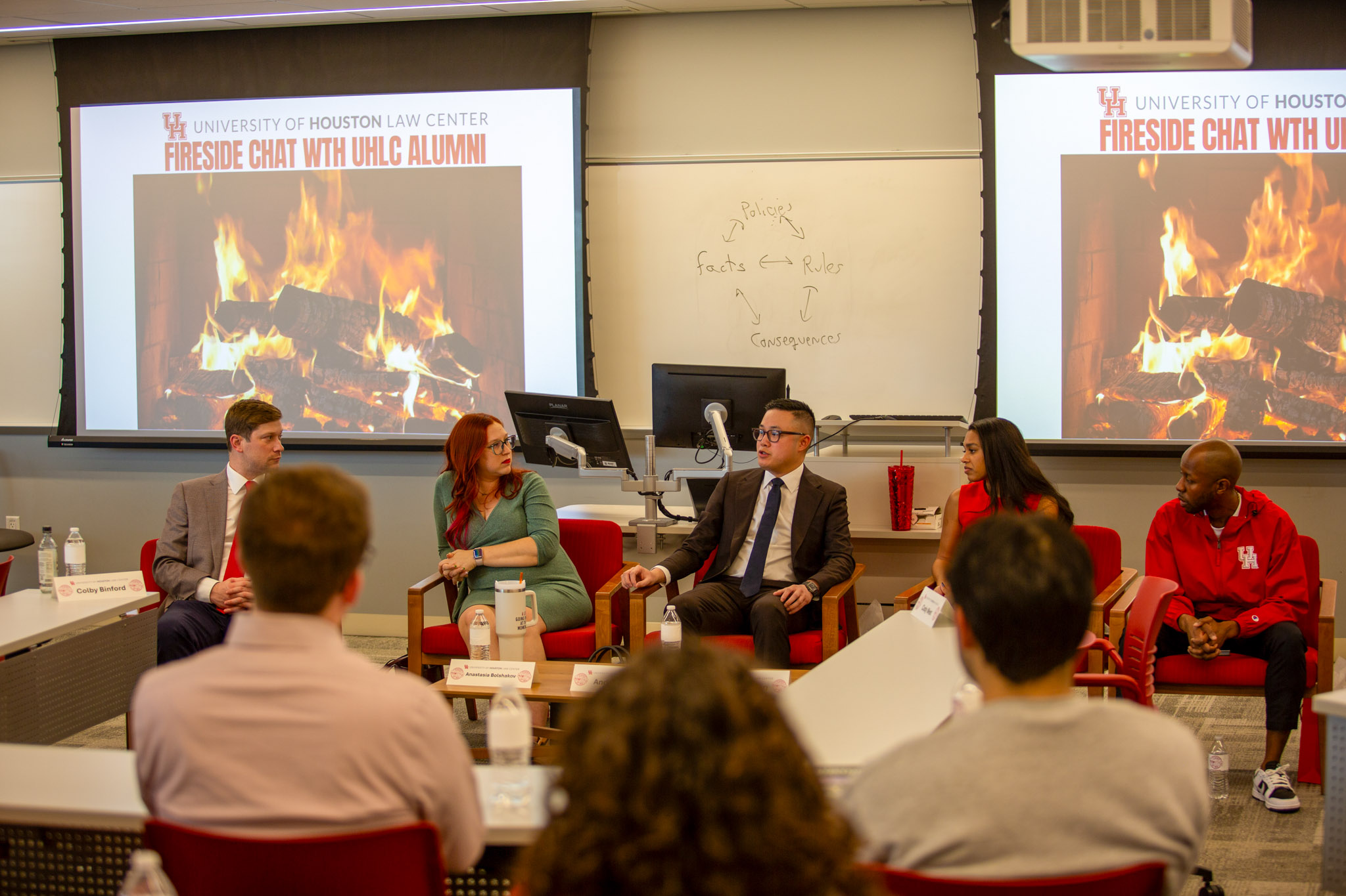 A panel of University of Houston Law Center alumni speaks with admitted students during Admitted Students Day.